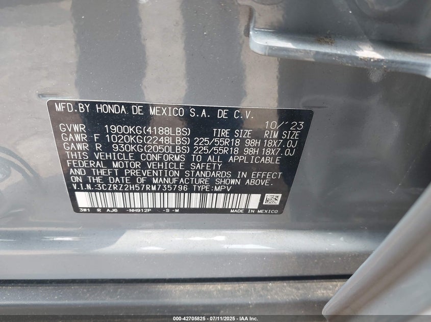 2024 Honda Hr-V Awd Sport/Awd Sport W/O Bsi VIN: 3CZRZ2H57RM735796 Lot: 42705825