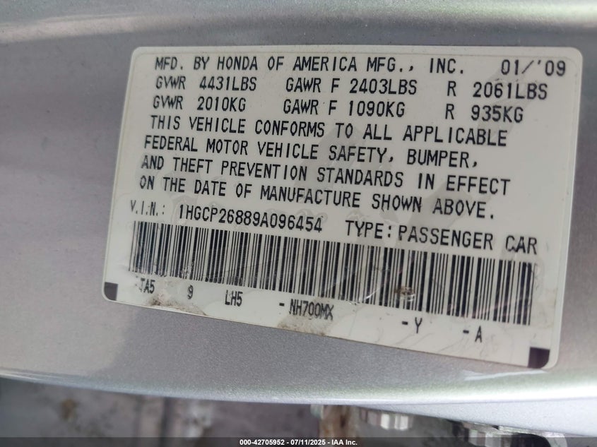 2009 HONDA ACCORD VIN: 1HGCP26889A096454