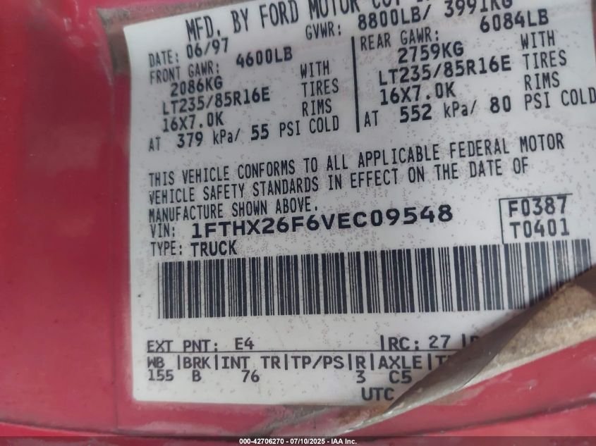 1997 Ford F-250 Xl VIN: 1FTHX26F6VEC09548 Lot: 42706270