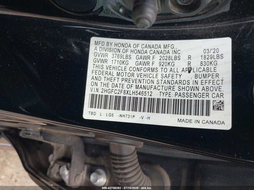 VIN 2HGFC2F8XLH546512 2020 HONDA CIVIC SPORT