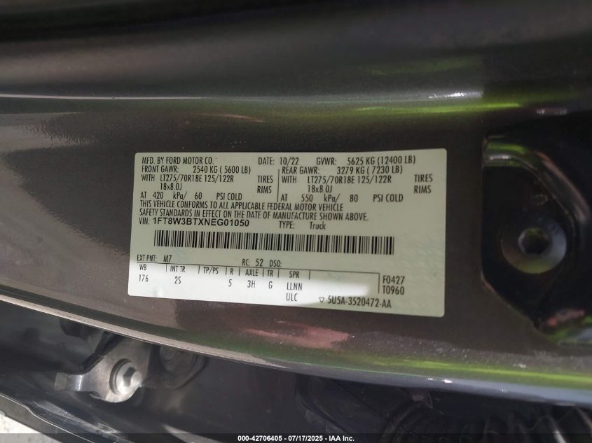 2022 Ford F-350 Xlt VIN: 1FT8W3BTXNEG01050 Lot: 42706405