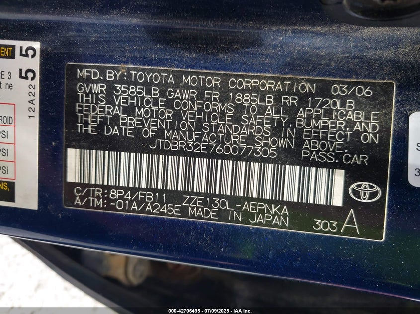 2006 Toyota Corolla Le VIN: JTDBR32E760077305 Lot: 42706495