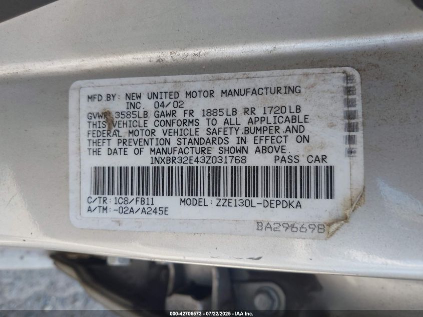 2003 Toyota Corolla Ce VIN: 1NXBR32E43Z031768 Lot: 42706573