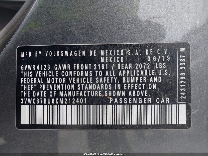 VIN 3VWCB7BU6KM212401 2019 VOLKSWAGEN JETTA 1.4T R-LINE/1.4T S/1.4T SE