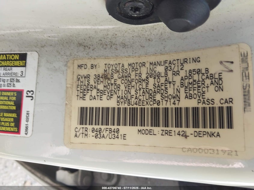 2012 Toyota Corolla Le VIN: 5YFBU4EEXCP017147 Lot: 42706740