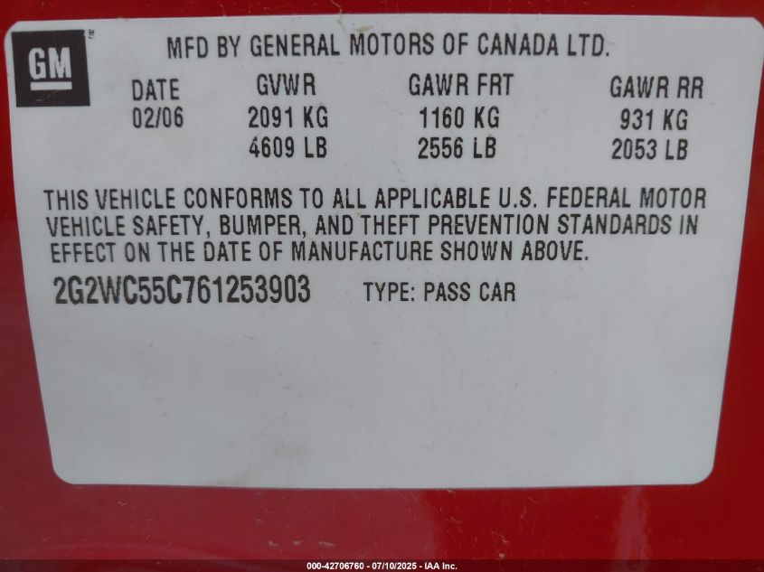 2006 Pontiac Grand Prix Gxp VIN: 2G2WC55C761253903 Lot: 42706760