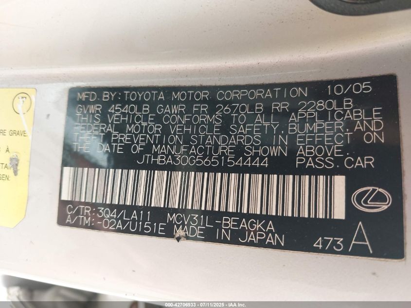 2006 Lexus Es 330 VIN: JTHBA30G565154444 Lot: 42706933