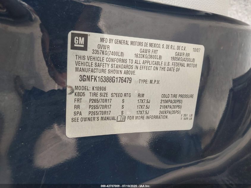 2008 Chevrolet Suburban 1500 Lt VIN: 3GNFK16388G176479 Lot: 42707009