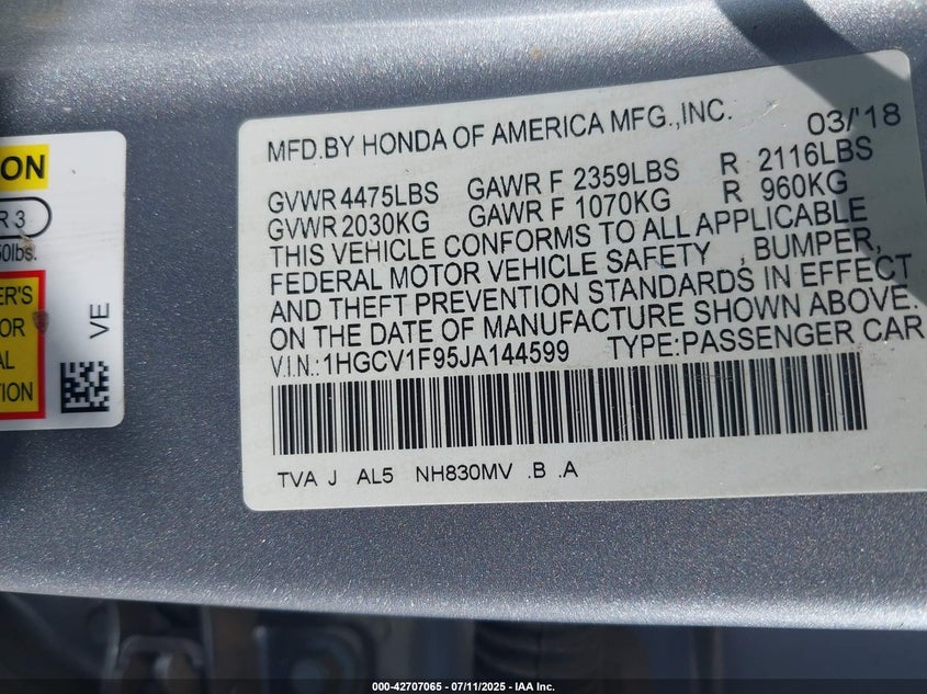 2018 Honda Accord Touring VIN: 1HGCV1F95JA144599 Lot: 42707065
