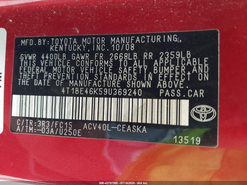 2009 Toyota Camry Se VIN: 4T1BE46K59U369240 Lot: 42707309