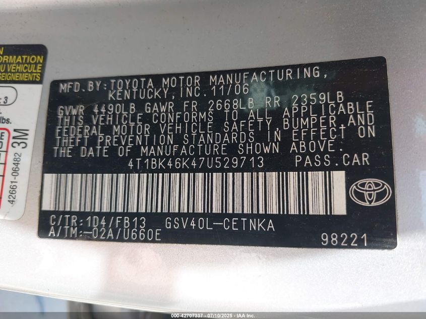 2007 Toyota Camry Le V6 VIN: 4T1BK46K47U529713 Lot: 42707337