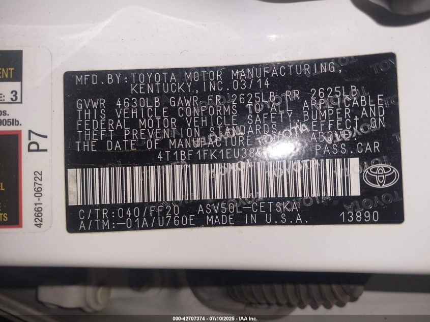 2014 Toyota Camry Se VIN: 4T1BF1FK1EU386512 Lot: 42707374