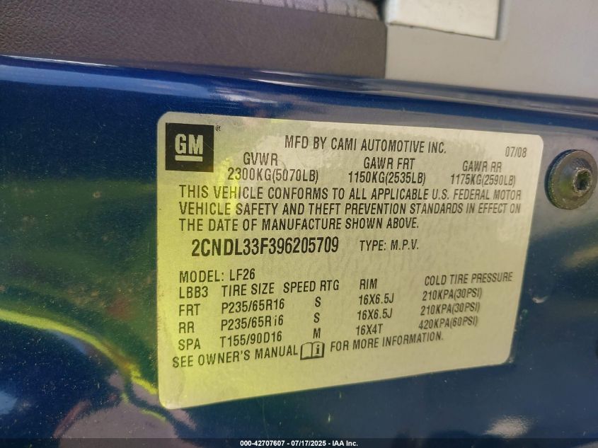 2009 Chevrolet Equinox Lt VIN: 2CNDL33F396205709 Lot: 42707607