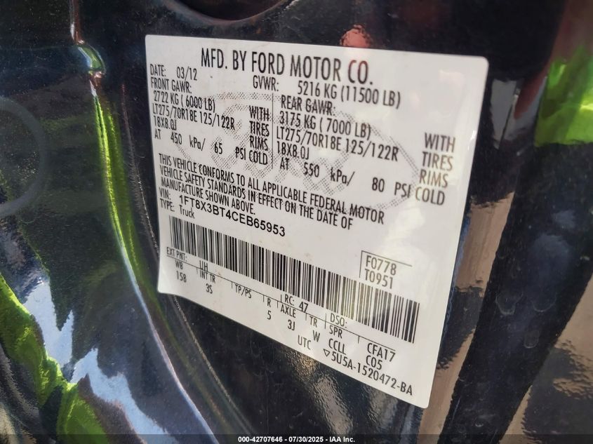 2012 Ford F-350 Xlt VIN: 1FT8X3BT4CEB65953 Lot: 42707646