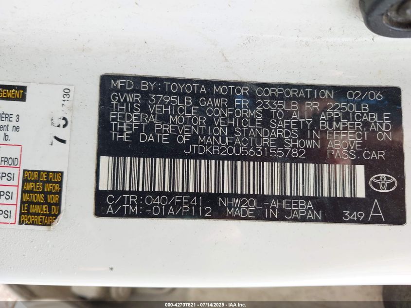 2006 Toyota Prius VIN: JTDKB20U563155782 Lot: 42707821