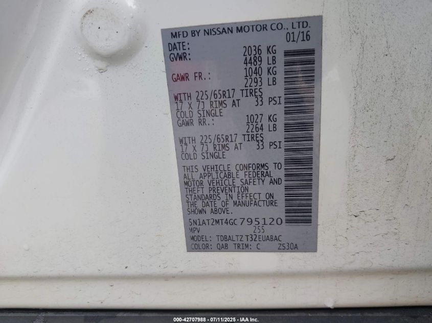 2016 Nissan Rogue Sv VIN: 5N1AT2MT4GC795120 Lot: 42707988