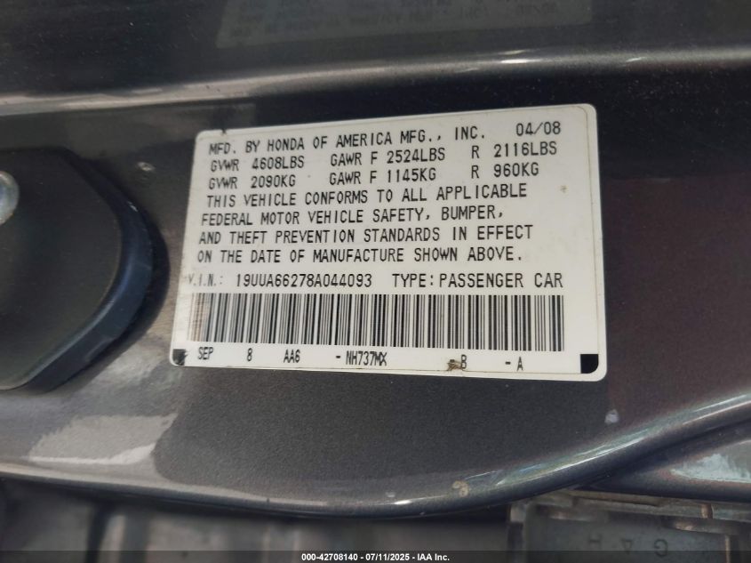 2008 Acura Tl 3.2 VIN: 19UUA66278A044093 Lot: 42708140