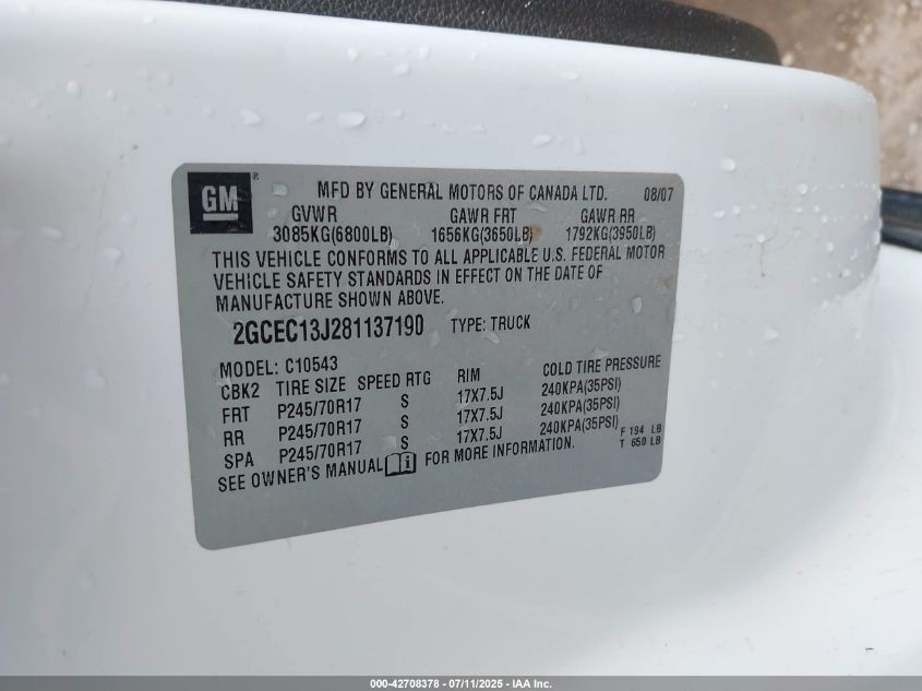 2008 Chevrolet Silverado 1500 Lt1 VIN: 2GCEC13J281137190 Lot: 42708378