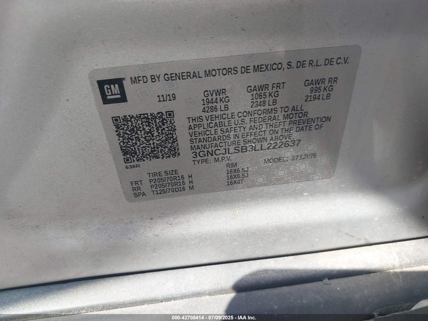 2020 CHEVROLET TRAX FWD LT - 3GNCJLSB3LL222637