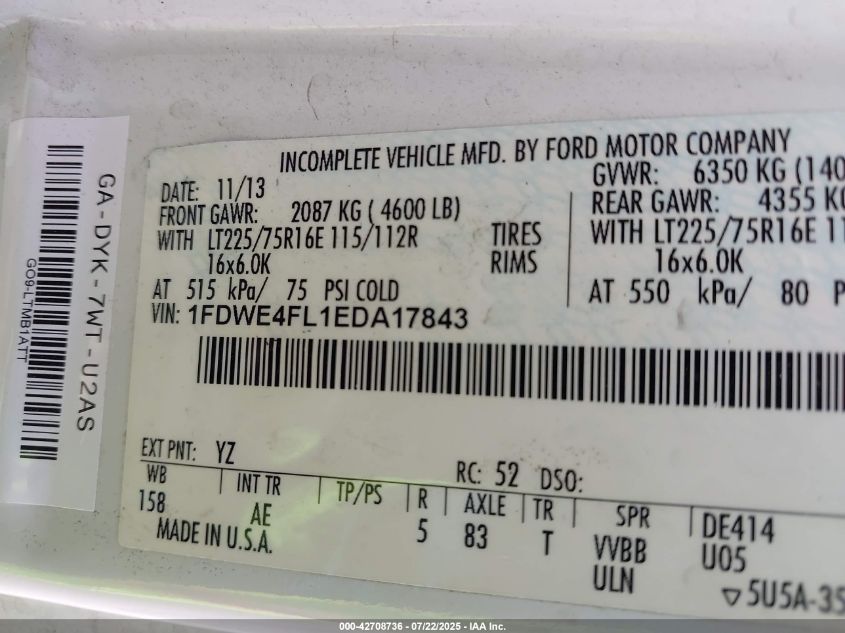 2014 Ford Econoline E450 Super Duty Cutwy Van VIN: 1FDWE4FL1EDA17843 Lot: 42708736