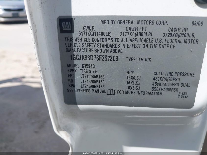 2006 Chevrolet Silverado 3500 Lt3 VIN: 1GCJK33D76F267303 Lot: 42708771