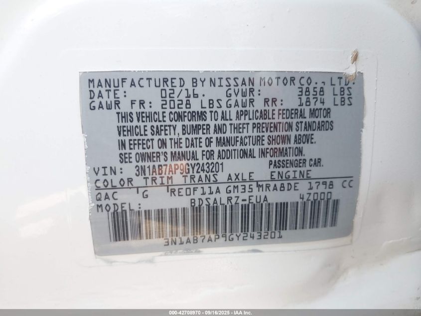 2016 Nissan Sentra Sr VIN: 3N1AB7AP9GY243201 Lot: 42708970