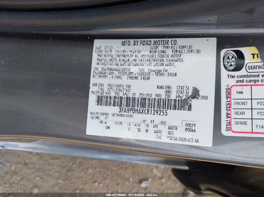 2012 Ford Fusion Se VIN: 3FAHP0HAXCR129255 Lot: 42709462