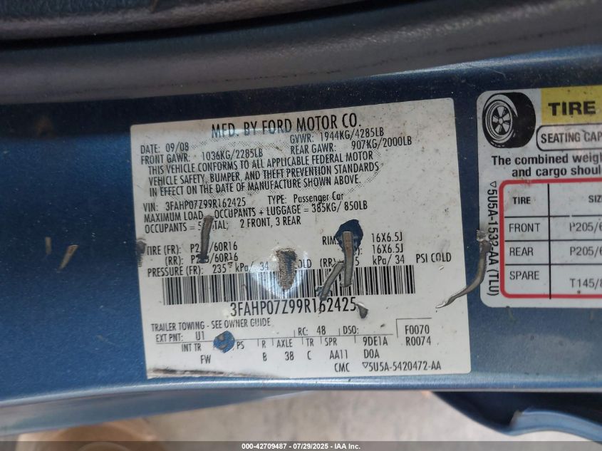 2009 Ford Fusion Se VIN: 3FAHP07Z99R162425 Lot: 42709487