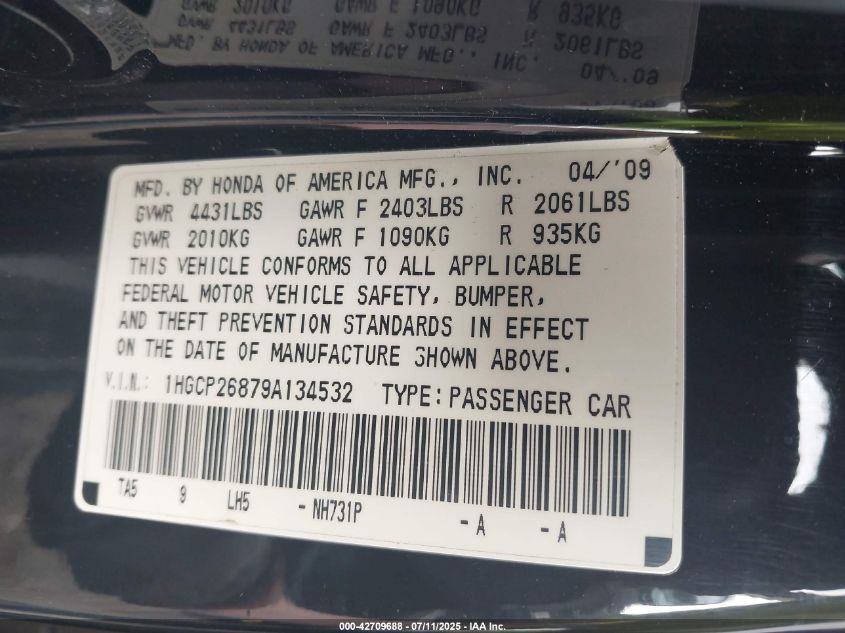 2009 Honda Accord 2.4 Ex-L VIN: 1HGCP26879A134532 Lot: 42709688