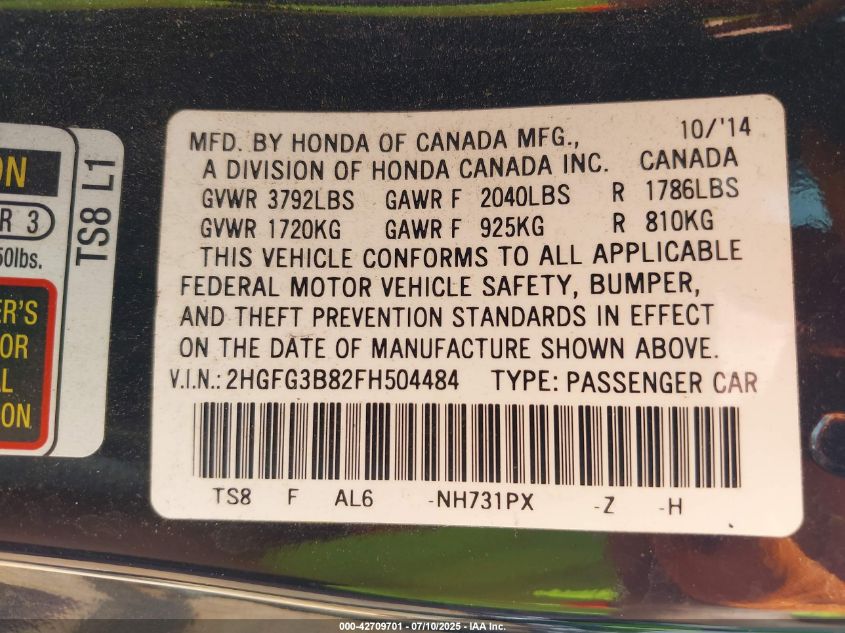 2015 Honda Civic Ex VIN: 2HGFG3B82FH504484 Lot: 42709701