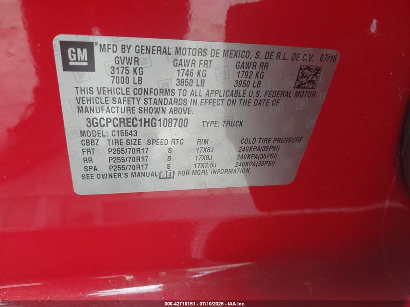 2017 Chevrolet Silverado 1500 1Lt VIN: 3GCPCREC1HG108700 Lot: 42710151