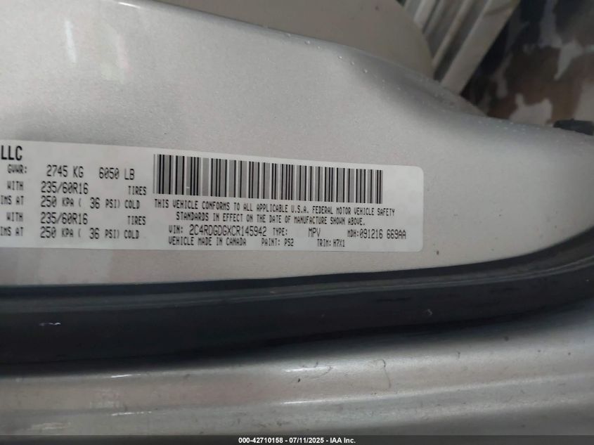 2012 Dodge Grand Caravan Crew VIN: 2C4RDGDGXCR145942 Lot: 42710158