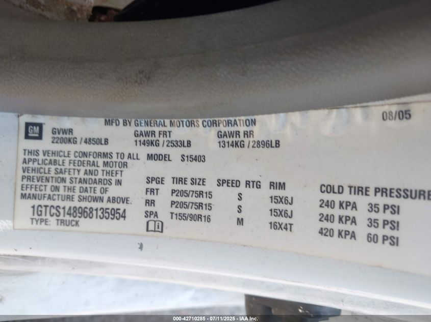 2006 GMC Canyon Work Truck VIN: 1GTCS148968135954 Lot: 42710285