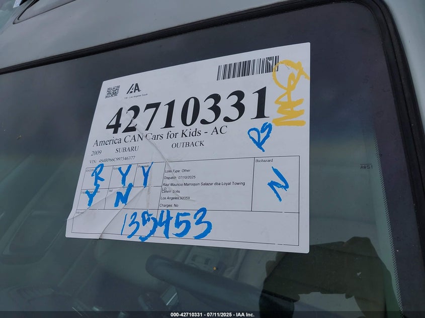2009 Subaru Outback 2.5I Limited VIN: 4S4BP66C997346377 Lot: 42710331