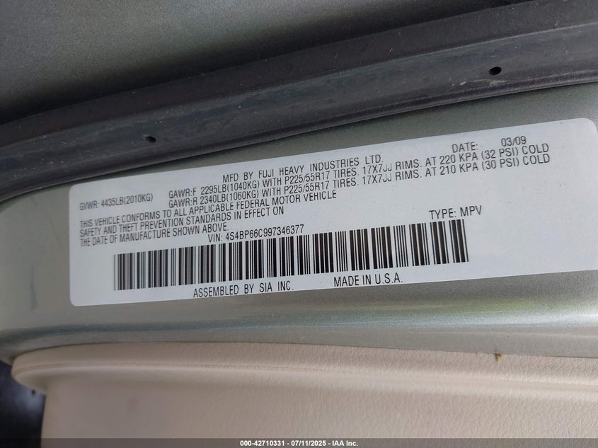 2009 Subaru Outback 2.5I Limited VIN: 4S4BP66C997346377 Lot: 42710331