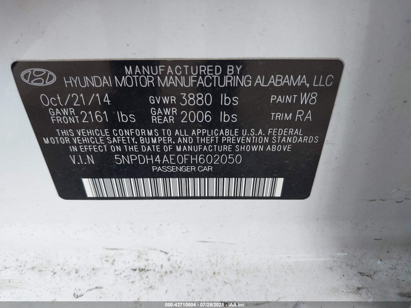 2015 HYUNDAI ELANTRA SE 5NPDH4AE0FH602050