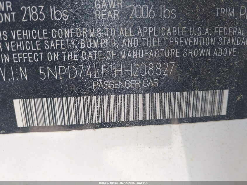VIN 5NPD74LF1HH208827 2017 HYUNDAI ELANTRA SE