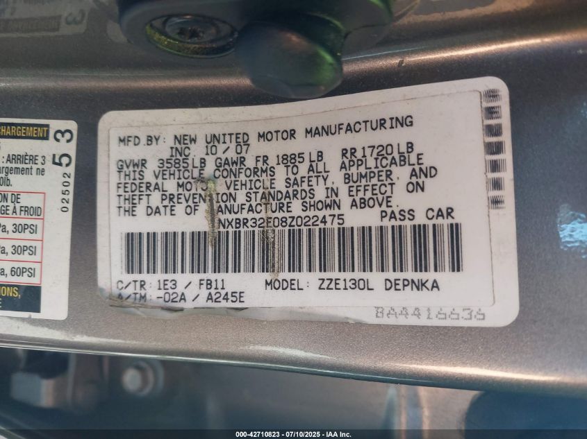 2008 Toyota Corolla Le VIN: 1NXBR32E08Z022475 Lot: 42710823