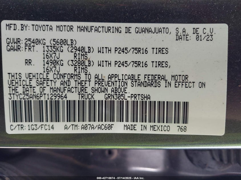 2023 TOYOTA TACOMA DOUBLE CAB/SR/SR5/TRAIL/TRD SPORT/TRD OFF ROAD/TRD PRO - 3TYCZ5AN6PT129964