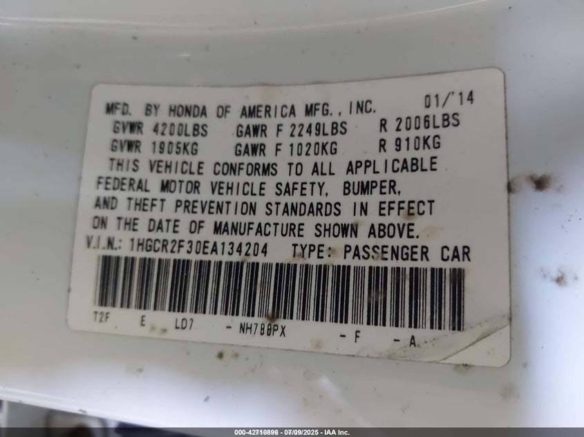 2014 Honda Accord Lx VIN: 1HGCR2F30EA134204 Lot: 42710896