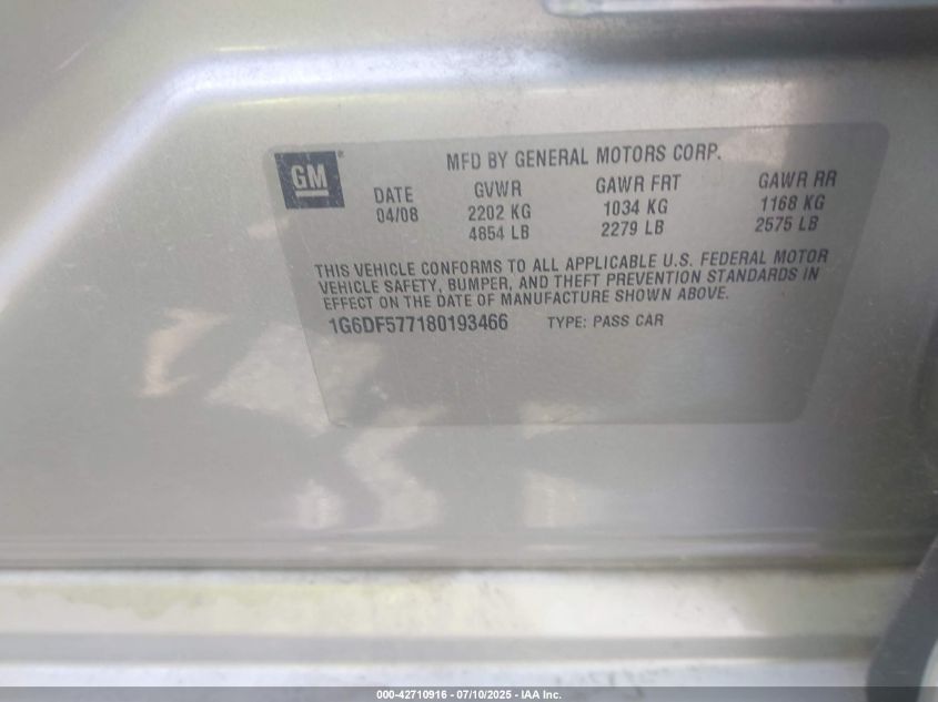 2008 Cadillac Cts Standard VIN: 1G6DF577180193466 Lot: 42710916