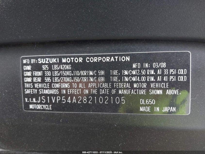 2008 SUZUKI DL650 JS1VP54A282102105