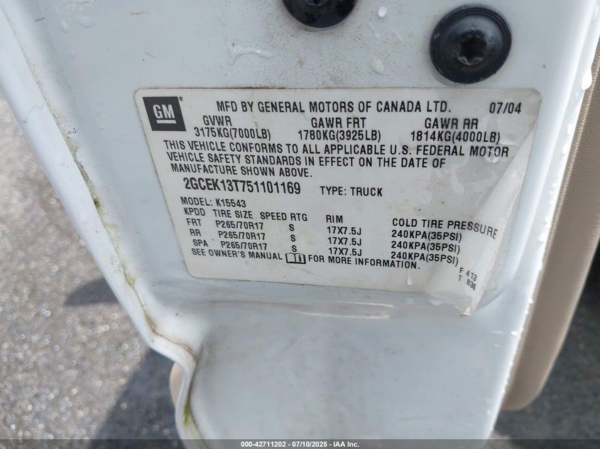 2005 Chevrolet Silverado 1500 Z71 VIN: 2GCEK13T751101169 Lot: 42711202