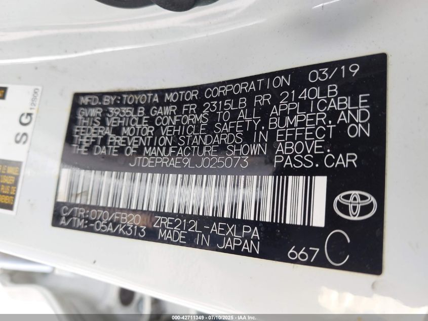 2020 Toyota Corolla Le VIN: JTDEPRAE9LJ025073 Lot: 42711349