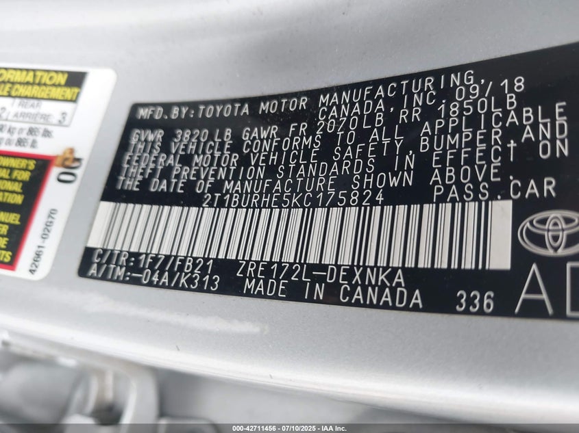 VIN 2T1BURHE5KC175824 2019 TOYOTA COROLLA LE
