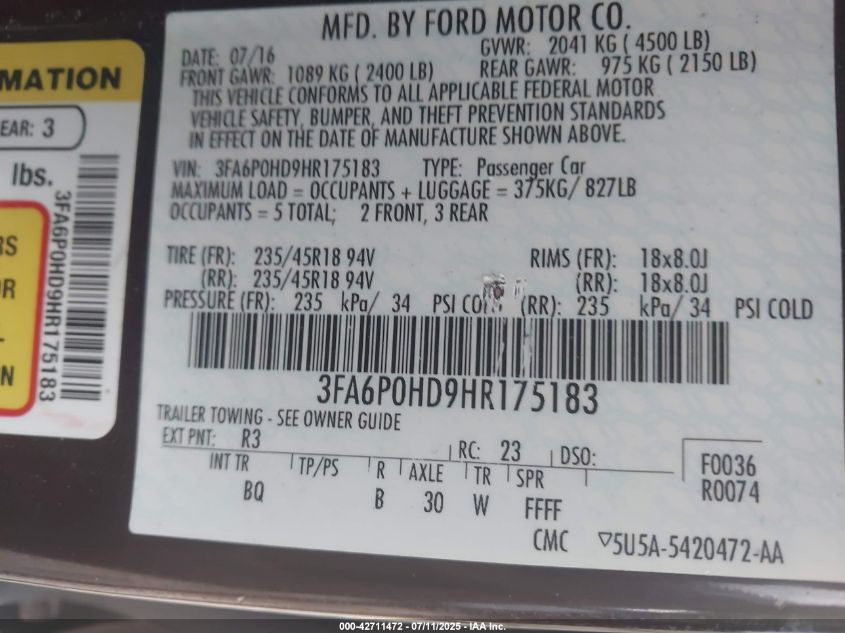 2017 Ford Fusion Se VIN: 3FA6P0HD9HR175183 Lot: 42711472