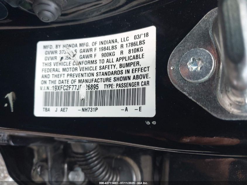 2018 Honda Civic Ex VIN: 19XFC2F77JE026895 Lot: 42711483