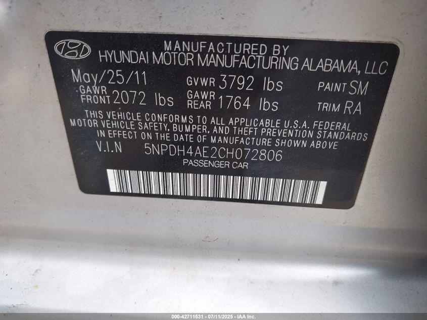 2012 Hyundai Elantra Gls VIN: 5NPDH4AE2CH072806 Lot: 42711531