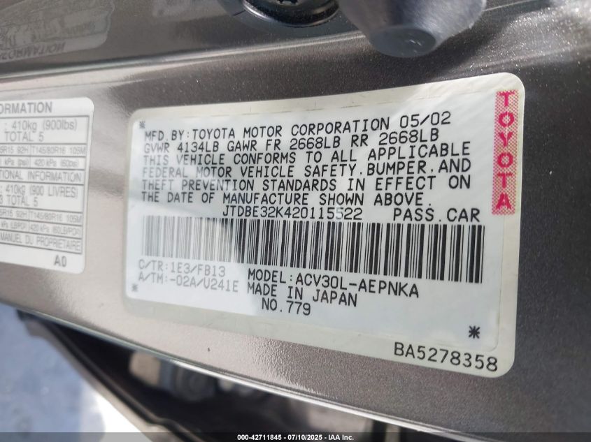 2002 Toyota Camry Le VIN: JTDBE32K420115522 Lot: 42711845