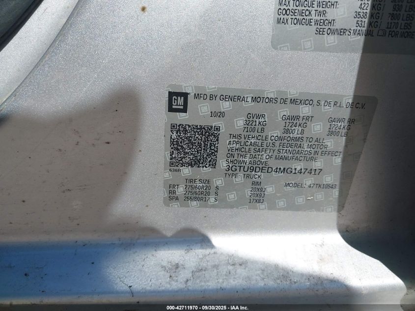 2021 GMC Sierra 1500 4Wd Short Box Slt VIN: 3GTU9DED4MG147417 Lot: 42711970